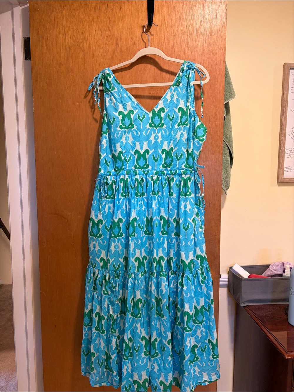 Talbots Blue & Green Printed Tie-Shoulder V-Neck Maxi Dress